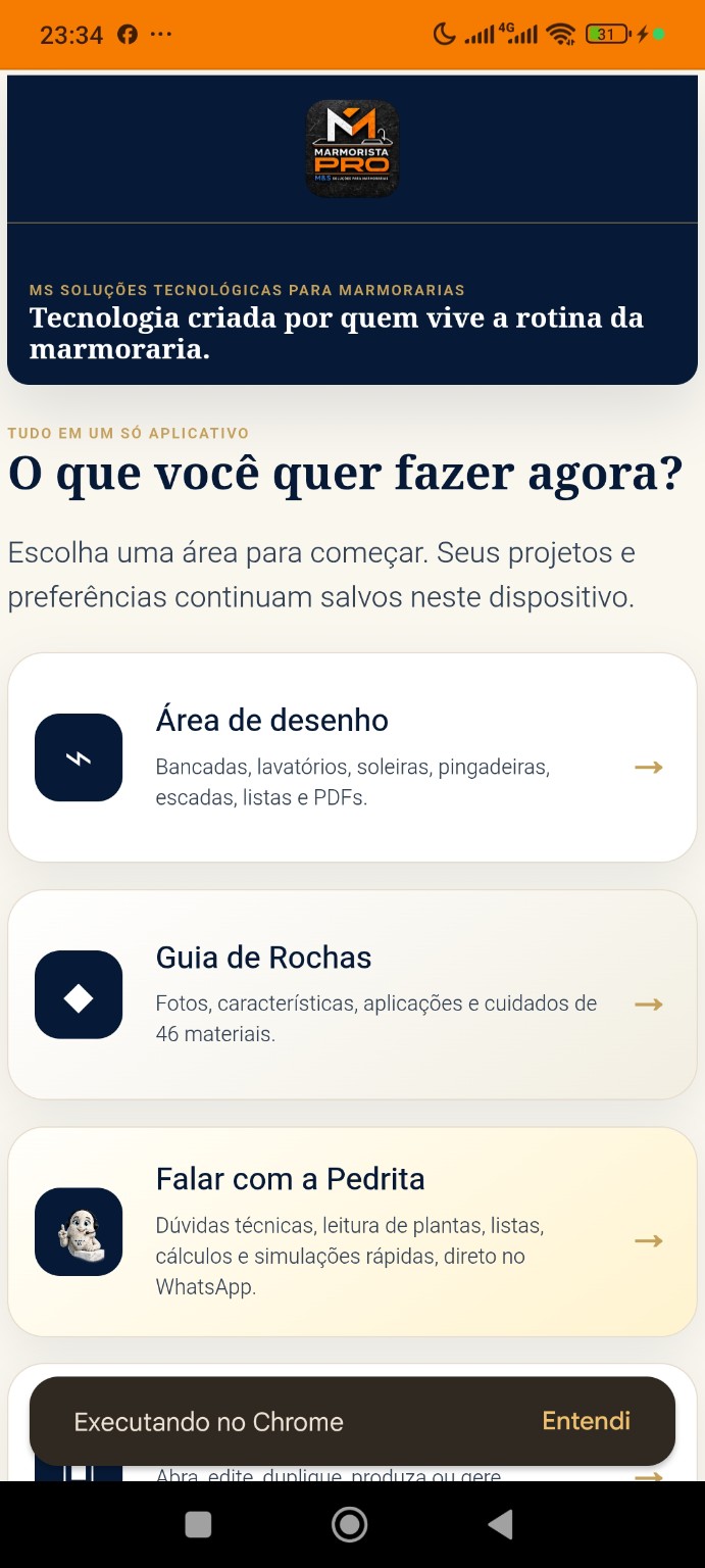 Tela real do aplicativo Marmorista Pro no celular